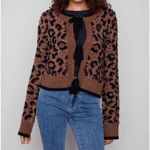 NEW CHARLIE B women's bow tie cardigan in animal